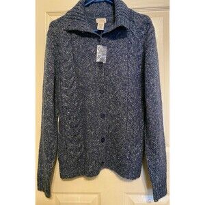LL Bean Womens Sweater Marled Cardigan Wool Blend Button Front Blue Large NWOT